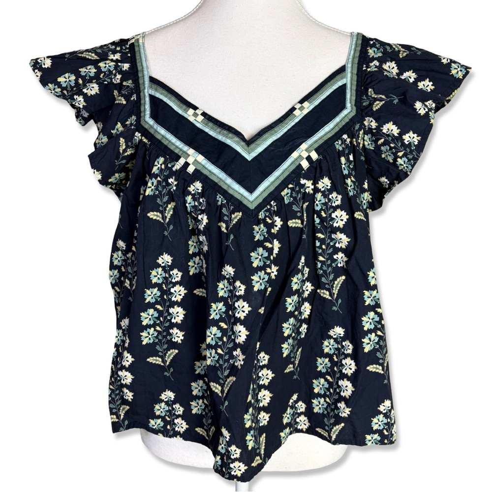 LA VIE REBECCA TAYLOR Floral Larkspur Top with Flutter Sleeves